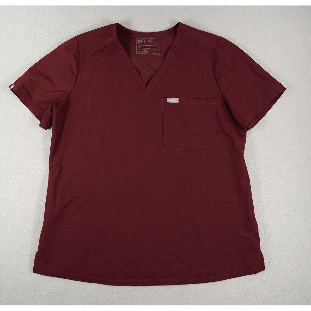 Figs Womens Scrub Top Technical Collection V-Neck Pocket Burgundy Maroon Size L